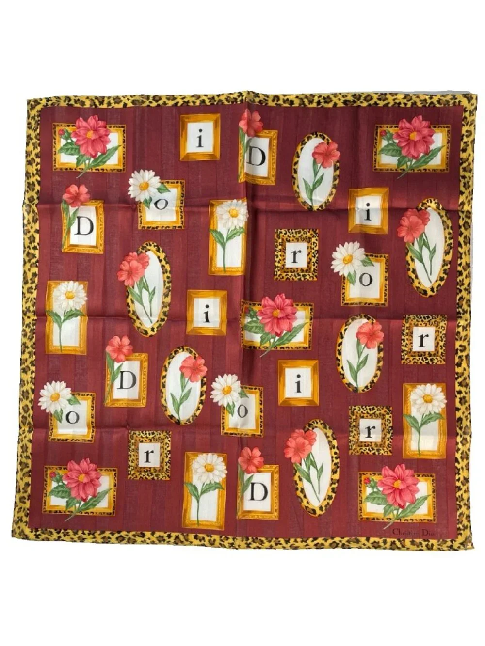 NWOT Vintage Christian Dior Floral Leopard Frame Cotton Scarf 19